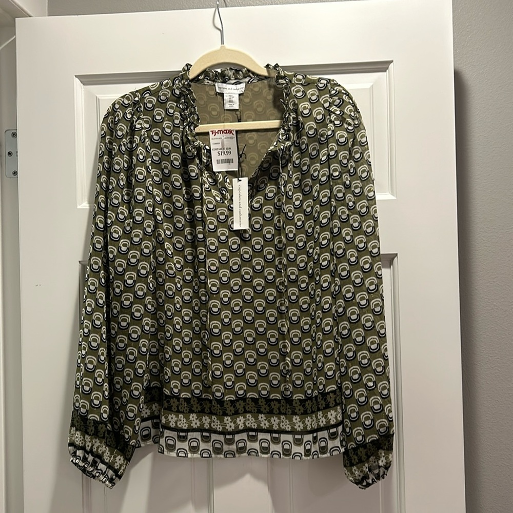 Cupcakes and cashmere loose fitting top. Size S. Olive green with black designs